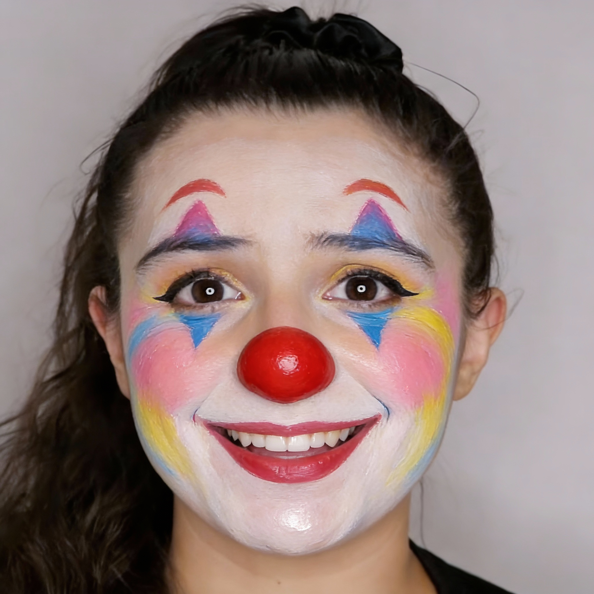 Colorful clown face painting on a woman with diamond eye shapes and red nose