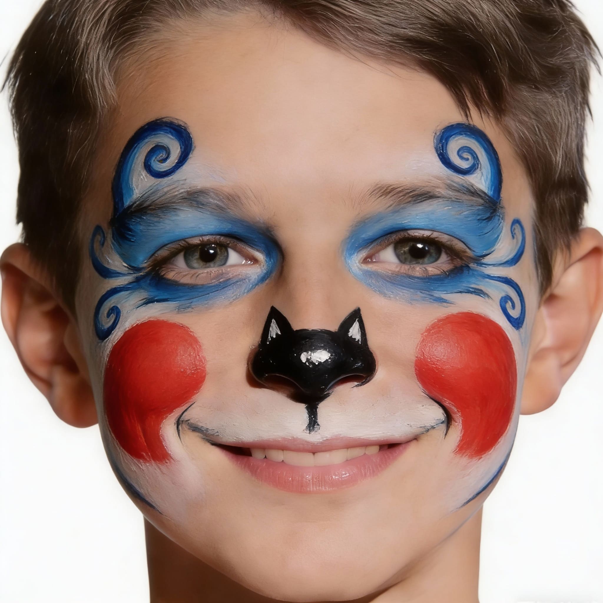 Playful fox easy face painting design on a boy with blue swirls and red cheeks