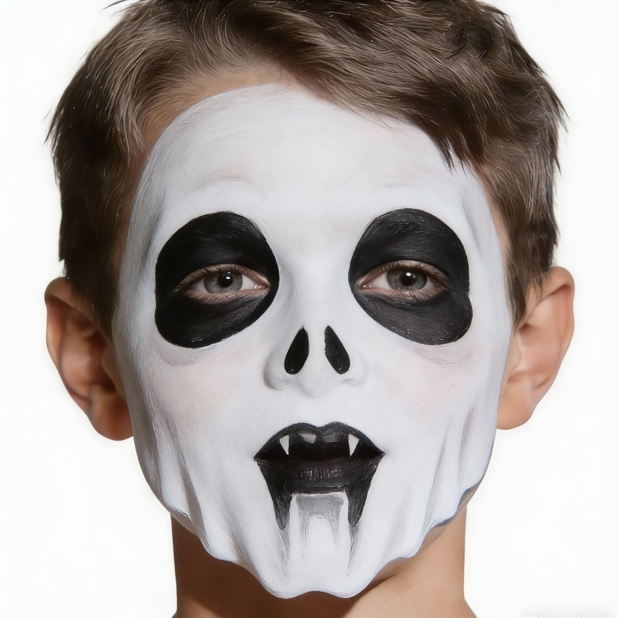 Skeleton skull halloween face paint on a boy with white base and black eye sockets